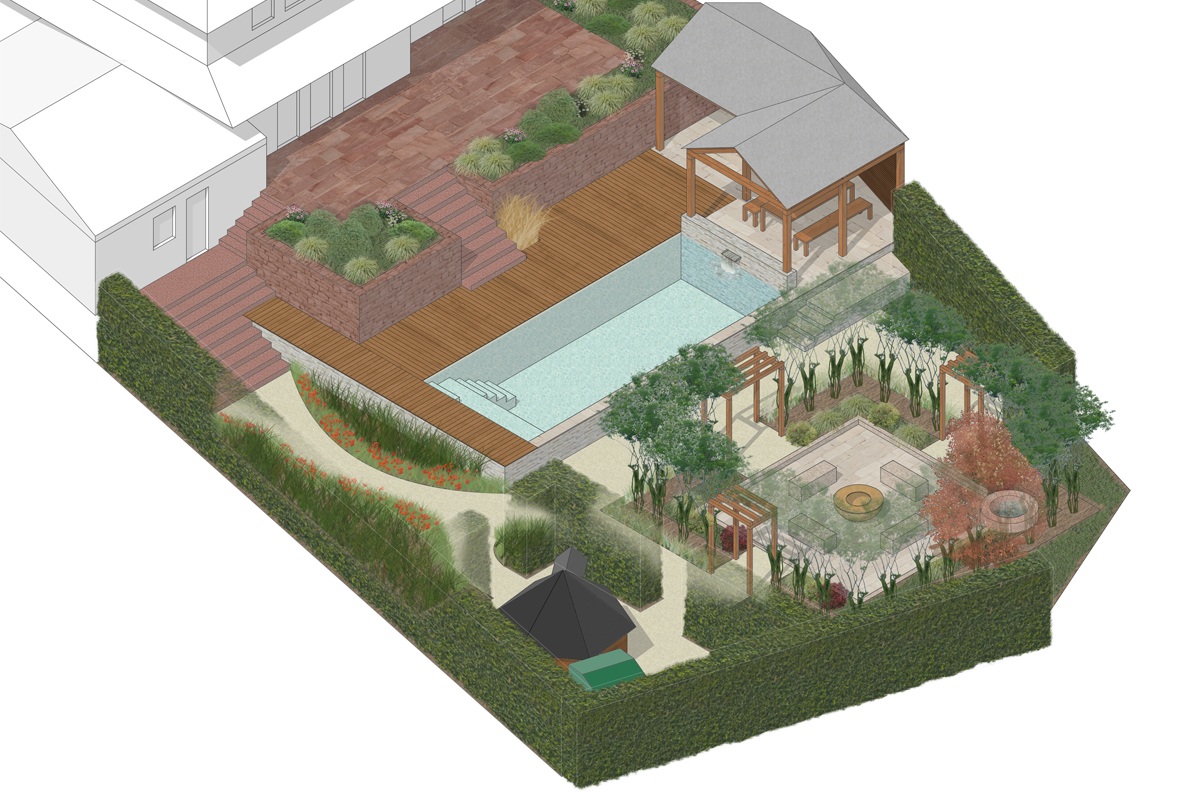 Gartenbau und Gartengestaltung mit Swimmingpool im eigenen Garten sowie Holzdecks und Naturstein